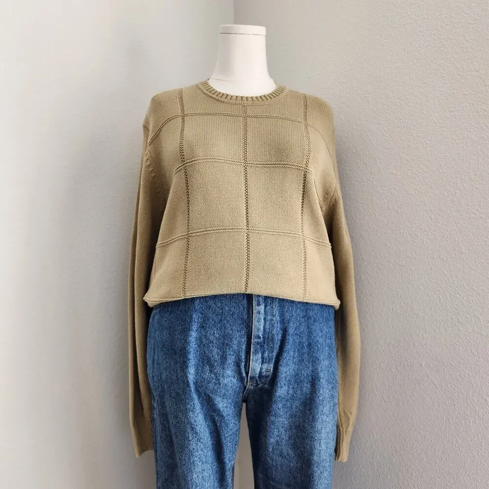 Vintage Geoffrey Beene Tan Grid Knit Crewneck Sweater Grandpacore Long Sleeve M - Picture 1 of 13